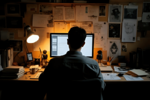 Mulher sentada em frente a um computador, com expressão de frustração e as mãos na cabeça, simbolizando o bloqueio criativo e a dificuldade em finalizar uma Arte de um projeto de design.