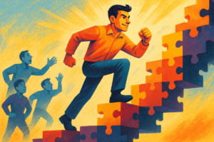 Ilustração de uma pessoa construindo ativamente seu caminho para o sucesso, superando obstáculos e os concorrentes através da criação da própria sorte.