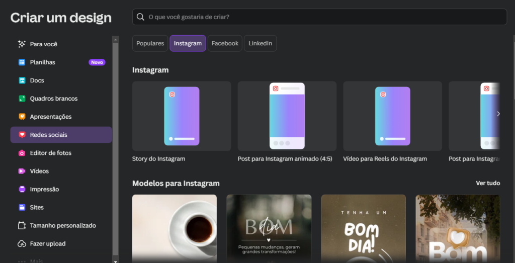 Interface do Canva Instagram com templates prontos para posts