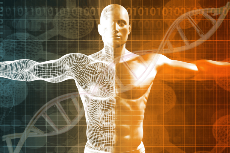 Cientista em laboratório de biotecnologia analisando amostras de DNA e células para pesquisa.
