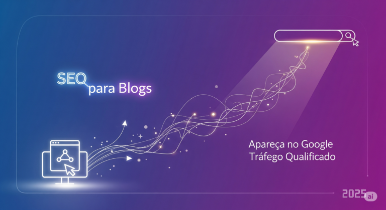 Ícone de blog em ascensão conectado a uma barra de pesquisa do Google, simbolizando o SEO para blogs e o tráfego orgânico em 2025.