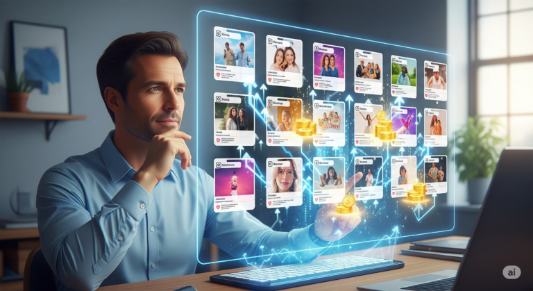 Homem organizando um calendário editorial digital para Instagram, simbolizando planejamento de conteúdo, engajamento e monetização.