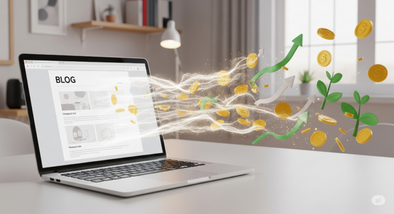 Ilustração digital de um laptop com um blog post, de onde sai um fluxo de luz que se transforma em moedas de ouro e símbolos de crescimento financeiro, representando o marketing de afiliados e a monetização de conteúdo.