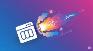 Ícone de blog/website sendo impulsionado por uma turbina com elementos do Facebook e Instagram, simbolizando o crescimento com Meta Ads para iniciantes.