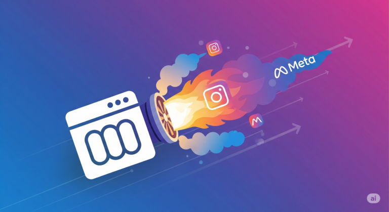 Ícone de blog/website sendo impulsionado por uma turbina com elementos do Facebook e Instagram, simbolizando o crescimento com Meta Ads para iniciantes.