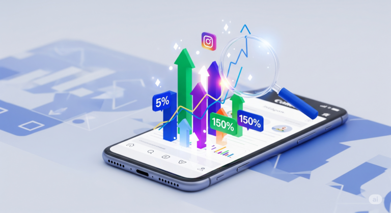 Smartphone com gráficos de crescimento e lupa, representando a análise de métricas do Instagram para otimizar o crescimento e entender dados.
