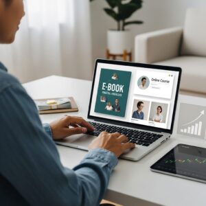 Hugo Paternez, criador da Jornada HP, sorrindo ao lado de um notebook, simbolizando a criação de produto digital e monetização online.