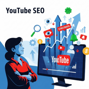 Pessoa otimizando vídeo para SEO no YouTube com gráficos de crescimento