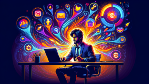 Ilustração dinâmica de um criador de conteúdo cercado por ferramentas digitais essenciais para produtividade e sucesso online.