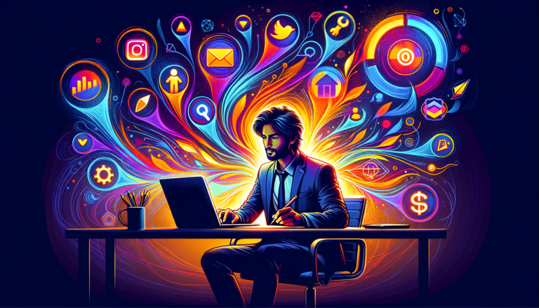 Ilustração dinâmica de um criador de conteúdo cercado por ferramentas digitais essenciais para produtividade e sucesso online.