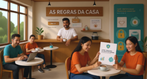 Cena hiper-realista de um café moderno com clientes, uma placa de "Regras da Casa" (Termos de Uso) e um folheto de "Como Cuidamos do Seu Café" (Política de Privacidade), simbolizando a política de privacidade para blog e a conformidade legal. política de privacidade para blog