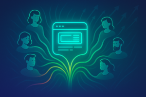 Ilustração digital de um blog central conectado por linhas vibrantes a figuras humanas estilizadas, formando uma rede de comunidade e crescimento.