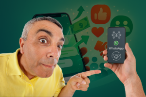 Homem surpreso apontando para um smartphone com o logo do WhatsApp e ícones de dinheiro, crescimento e interação para negócios.