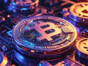 Ilustração de um token NFT com elementos de blockchain e arte digital, representando a propriedade digital única e seu funcionamento.