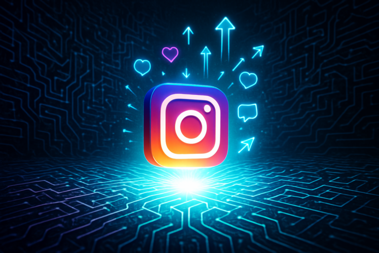 Ícone do Instagram iluminando uma rede digital complexa, simbolizando a desmistificação do algoritmo.