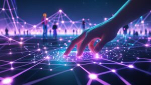 Mão humana interagindo com paisagem digital vibrante do Metaverso, com elementos de blockchain e avatares, simbolizando a transição entre o mundo real e virtual.