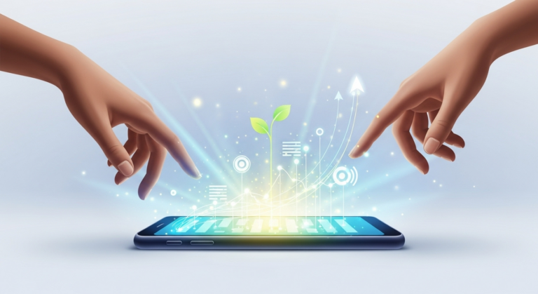 Ilustração digital vibrante de duas mãos se conectando sobre uma tela de smartphone, formando uma rede de linhas luminosas que sobem, simbolizando o engajamento e o crescimento digital.