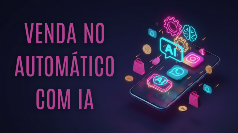 Smartphone flutuando com ícones do Instagram e WhatsApp, engrenagens neon e símbolos de vendas, ilustrando automação com IA.