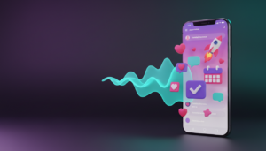 Smartphone exibindo ícones de engajamento do Instagram e ondas digitais representando o uso do ChatGPT para criar conteúdo.