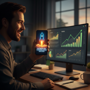 Ilustração de uma mão segurando um smartphone com um foguete decolando da tela e gráficos de crescimento ao fundo, representando como anunciar no facebook.