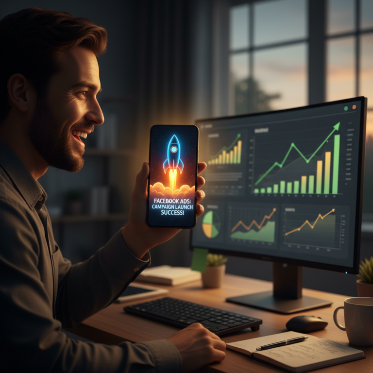 Ilustração de uma mão segurando um smartphone com um foguete decolando da tela e gráficos de crescimento ao fundo, representando como anunciar no facebook.