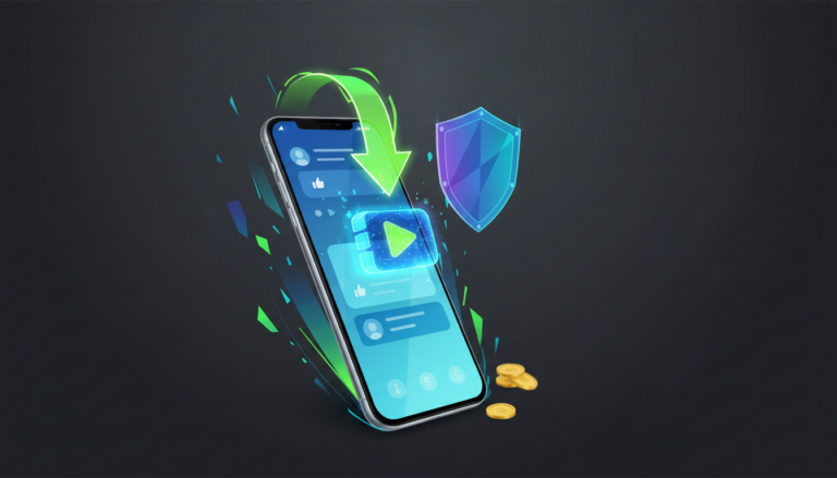 Ilustração moderna de um smartphone com uma seta de download verde neon extraindo um vídeo da tela azul, representando o guia seguro de como baixar vídeo do facebook.