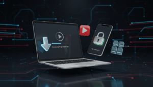 Ilustração de interface digital mostrando o processo seguro de como baixar vídeo do YouTube através de ferramentas online e aplicativos.