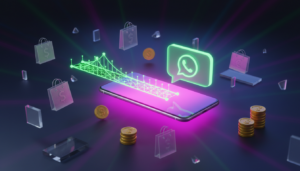 Ilustração 3D mostrando um smartphone com as cores do Instagram conectado por uma ponte luminosa a um balão de chat verde do WhatsApp.