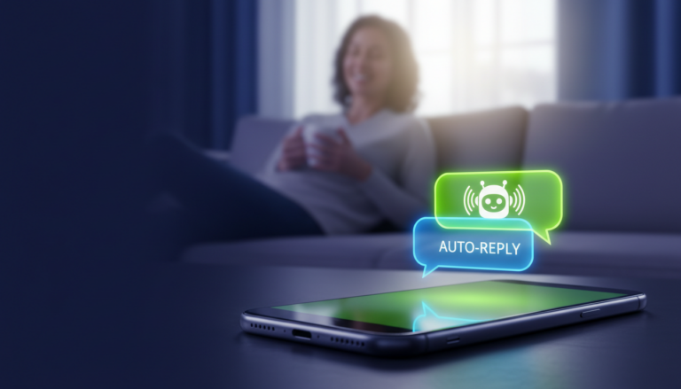 Celular com automação de chat em primeiro plano e pessoa relaxando ao fundo, ilustrando como colocar mensagem automática no WhatsApp.