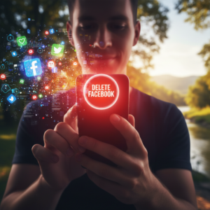 Ilustração de um celular com um grande botão vermelho escrito Delete Facebook, representando o passo a passo de como excluir conta do facebook.