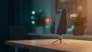 Smartphone em um tripé de mesa com ícones 3D do YouTube flutuando, ilustrando como fazer vídeos para o YouTube de forma simples e barata.