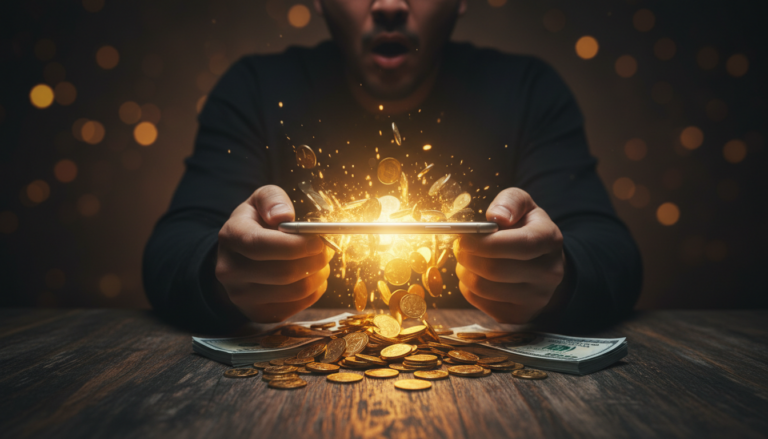 Ilustração hiper-realista de mãos segurando um smartphone com moedas de ouro e notas de dinheiro jorrando da tela, representando como ganhar dinheiro no facebook.