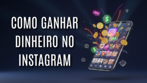 Ilustração 3D de um smartphone com moedas de ouro e notificações de vendas saltando da tela, representando a monetização no Instagram.