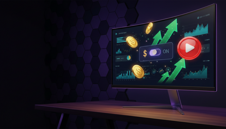 Monitor exibindo o painel do YouTube Studio com o botão de monetização ativado e moedas de ouro flutuando em 3D.