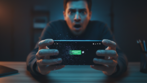 Homem com expressão de preocupação segurando um celular, ilustrando o desespero e a busca de como recuperar mensagens apagadas do WhatsApp.