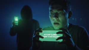 Pessoa assustada olhando o celular com uma figura sombria ao fundo, ilustrando como saber se meu WhatsApp foi clonado.