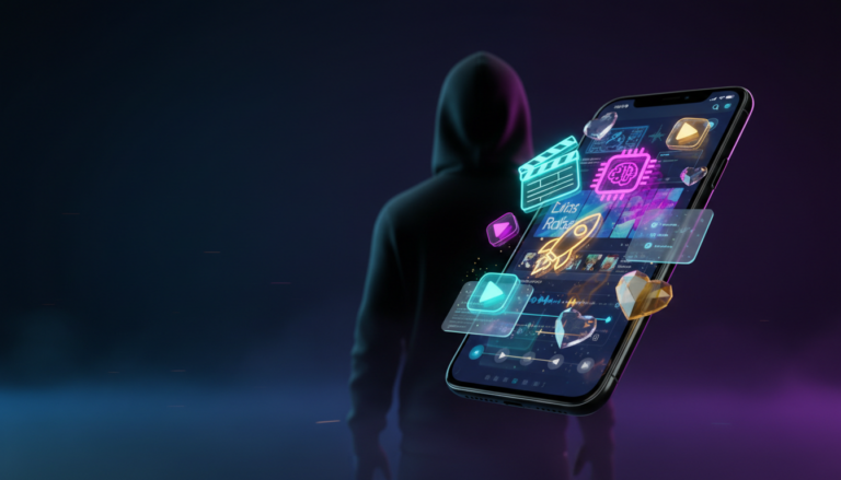 Celular moderno exibindo interface de inteligência artificial para vídeos, com ícones vibrantes de foguete e corações saltando da tela.