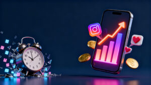 Ilustração 3D mostrando um celular com gráficos em alta e um relógio se quebrando, simbolizando o fim da dependência de horários no Instagram.