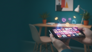 Mãos segurando um celular mostrando o que é feed no Instagram organizado, com ícones 3D de corações e moedas saltando da tela iluminada.