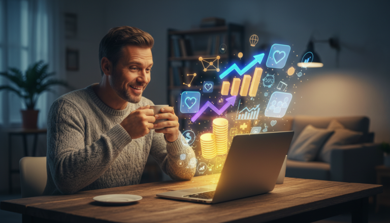 Homem surpreso olhando para o notebook com ícones brilhantes saindo da tela, ilustrando o que é marketing digital para iniciantes.