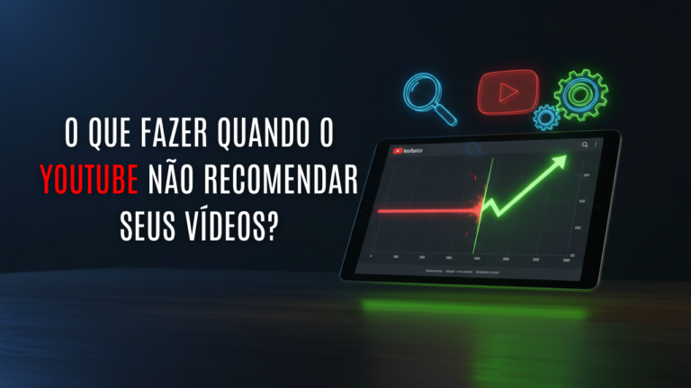 Tablet mostrando um gráfico do YouTube Analytics saindo de uma linha reta para uma alta expressiva, ilustrando a recuperação de um canal.