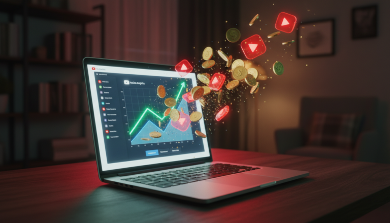 Notebook aberto mostrando um gráfico de ganhos em dólar, ilustrando quanto o YouTube paga por visualização para criadores de conteúdo.