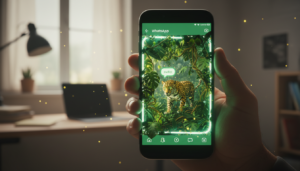 Mão segurando celular mostrando que o WhatsApp está fazendo colaboração com o 99 Noites na Floresta com animais saindo da tela em 3D.