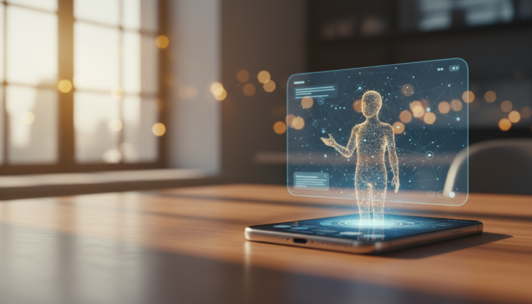 Fotografia cinematográfica de um smartphone em uma mesa de madeira com um holograma de assistente virtual saindo da tela do Direct do Instagram.
