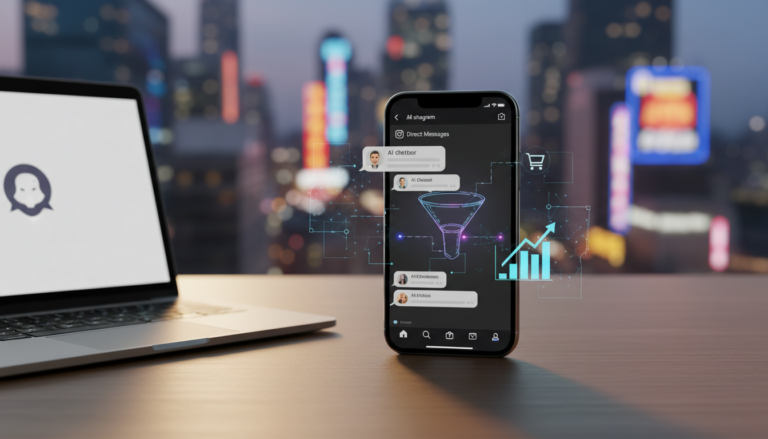 Imagem hiper-realista de celular mostrando DMs Instagram com funil IA para vendas automáticas, home office ao pôr do sol