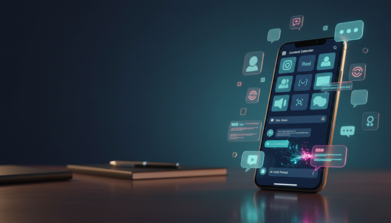Smartphone com calendário de conteúdo do Instagram e interface de ChatGPT, representando criação de posts com inteligência artificial.