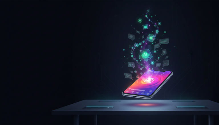 Ilustração moderna de um smartphone com hologramas luminosos saindo da tela, representando o uso do chatgpt para instagram na criação de conteúdo.