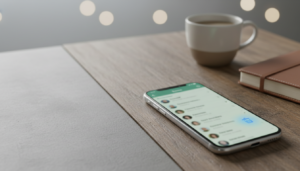 Smartphone com gesto de swipe apagando contato na tela, sobre mesa de madeira, ilustrando como apagar contato do WhatsApp de forma fácil.