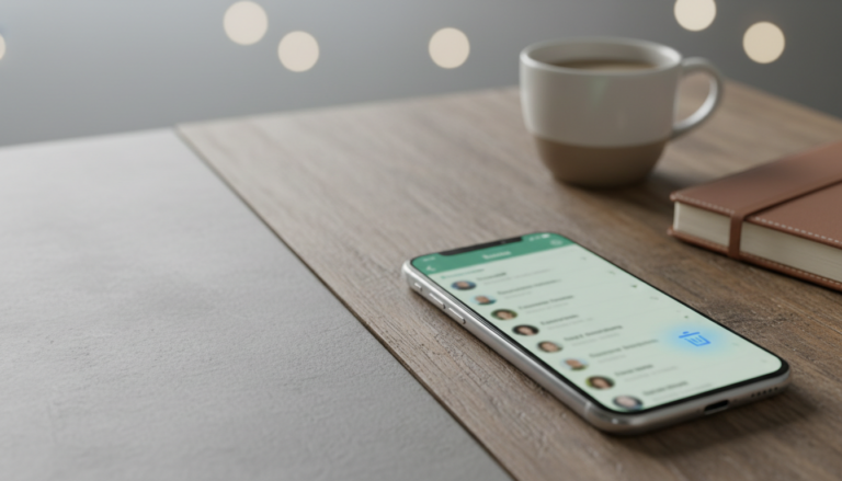 Smartphone com gesto de swipe apagando contato na tela, sobre mesa de madeira, ilustrando como apagar contato do WhatsApp de forma fácil.