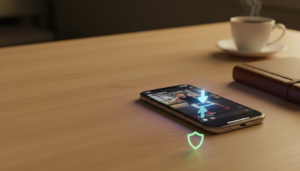 Fotografia cinematográfica de um smartphone com Reel do Instagram sendo baixado de forma segura para a galeria, simbolizando download simples sem vírus.